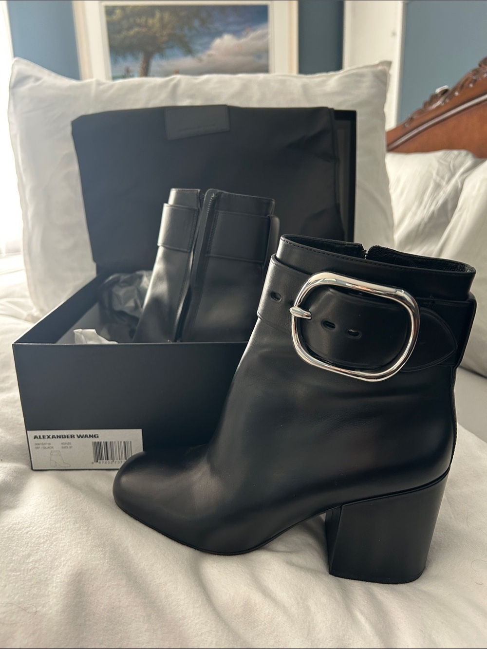Alexander Wang Black Leather Ankle Boots with Silver Buckle